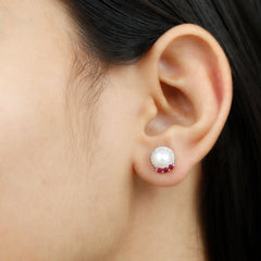6 Carat Freshwater Pearl Stud Earrings with Ruby and Diamond Halo