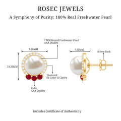 6 Carat Freshwater Pearl Stud Earrings with Ruby and Diamond Halo