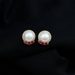 6 Carat Freshwater Pearl Stud Earrings with Ruby and Diamond Halo