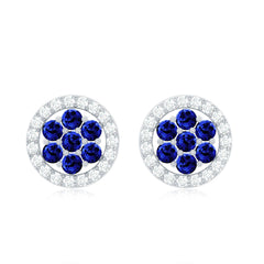 Lab Created Blue Sapphire Flower Earrings with Diamond Halo