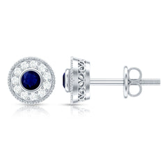 Antique Blue Sapphire and Diamond Halo Stud Earrings