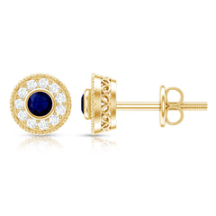 Antique Blue Sapphire and Diamond Halo Stud Earrings