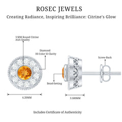 Round Citrine Halo Stud Earrings with Diamonds