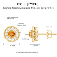 Round Citrine Halo Stud Earrings with Diamonds
