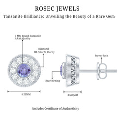 Antique Style Tanzanite and Diamond Halo Stud Earrings