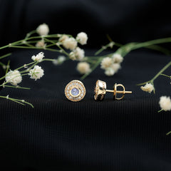 Antique Style Tanzanite and Diamond Halo Stud Earrings