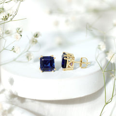 8MM Asscher Cut Lab Created Blue Sapphire Stud Earrings