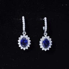 Certified Oval Lab Grown Blue Sapphire Hoop Drop Earrings with Moissanite
