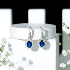 Certified Oval Lab Grown Blue Sapphire Hoop Drop Earrings with Moissanite