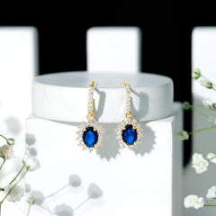 Certified Oval Lab Grown Blue Sapphire Hoop Drop Earrings with Moissanite