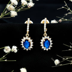 Certified Oval Lab Grown Blue Sapphire Hoop Drop Earrings with Moissanite