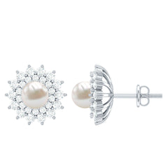 Freshwater Pearl Flower Statement Earrings with Diamond Halo
