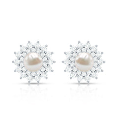 Freshwater Pearl Flower Statement Earrings with Diamond Halo