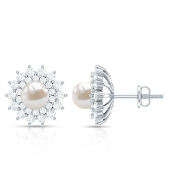 Freshwater Pearl Flower Statement Earrings with Diamond Halo