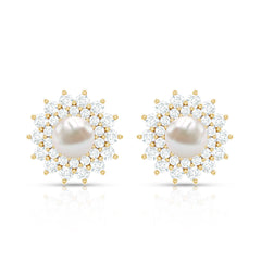 Freshwater Pearl Flower Statement Earrings with Diamond Halo