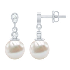 Natural Freshwater Pearl Drop Earrings with Diamond