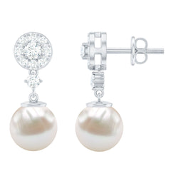 Genuine 6 Carat Freshwater Cultured Pearl Drop Earrings with Diamonds