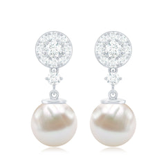 Genuine 6 Carat Freshwater Cultured Pearl Drop Earrings with Diamonds