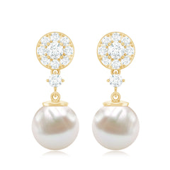 Genuine 6 Carat Freshwater Cultured Pearl Drop Earrings with Diamonds