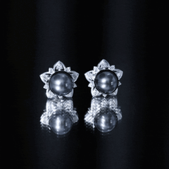 Genuine Tahitian Black Pearl and Diamond Flower Stud Earrings