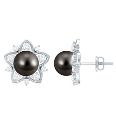 Genuine Tahitian Black Pearl and Diamond Flower Stud Earrings