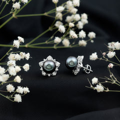 Genuine Tahitian Black Pearl and Diamond Flower Stud Earrings