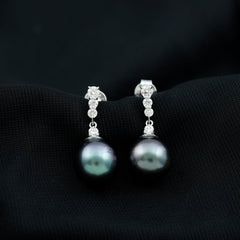 Certified Tahitian Black Pearl Drop Earrings with Diamonds