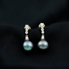Certified Tahitian Black Pearl Drop Earrings with Diamonds
