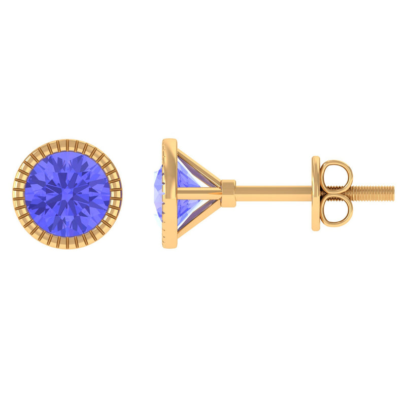 1 CT Round Cut Natural Tanzanite Solitaire Stud Earring in Bezel Setting