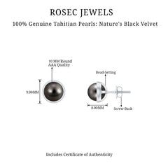 Genuine 10MM Tahitian Black Pearl Stud Earring With Certificate