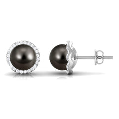 16 CT Black Pearl and Diamond Halo Stud Earrings