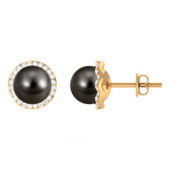 16 CT Black Pearl and Diamond Halo Stud Earrings