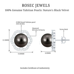 16 CT Tahitian Black Pearl and Diamond Flower Stud Earrings