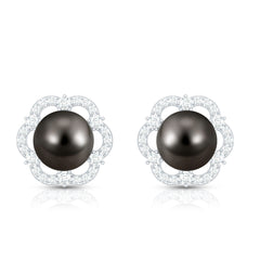 16 CT Tahitian Black Pearl and Diamond Flower Stud Earrings