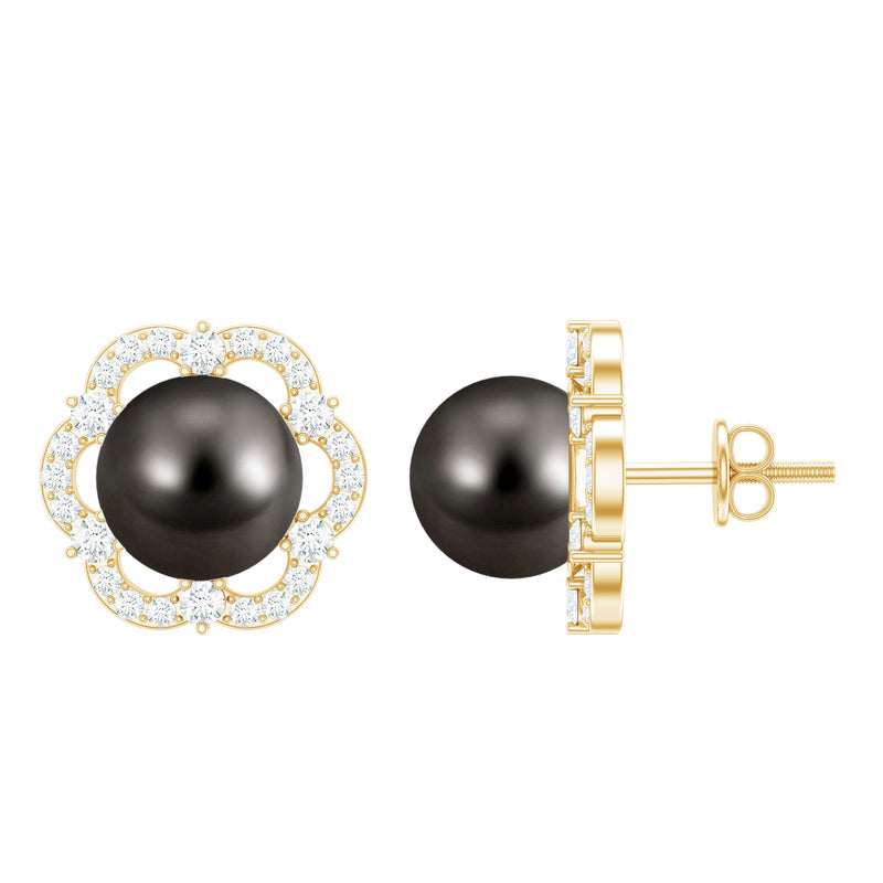 16 CT Tahitian Black Pearl and Diamond Flower Stud Earrings