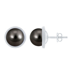 8MM Tahitian Black Pearl Solitaire Stud Earrings with Beaded Detail
