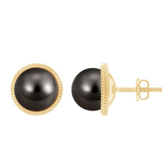 8MM Tahitian Black Pearl Solitaire Stud Earrings with Beaded Detail