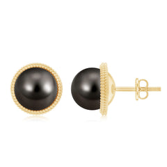 8MM Tahitian Black Pearl Solitaire Stud Earrings with Beaded Detail