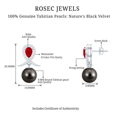 Vintage Style Tahitian Black Pearl Bridal Earrings with Ruby