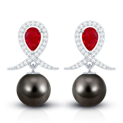 Vintage Style Tahitian Black Pearl Bridal Earrings with Ruby