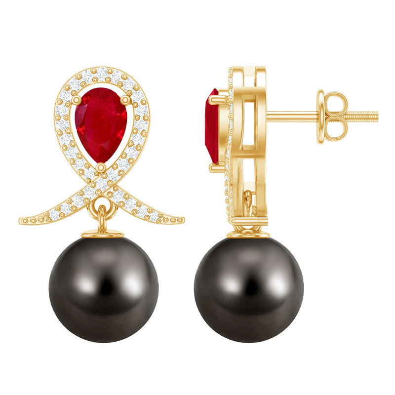 Vintage Style Tahitian Black Pearl Bridal Earrings with Ruby
