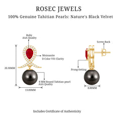 Vintage Style Tahitian Black Pearl Bridal Earrings with Ruby