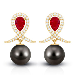 Vintage Style Tahitian Black Pearl Bridal Earrings with Ruby
