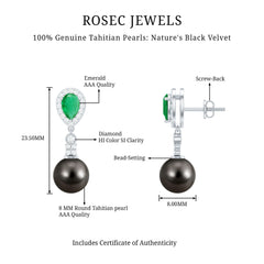 Genuine Black Pearl Wedding Earrings with Emerald and Diamond