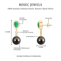 Genuine Black Pearl Wedding Earrings with Emerald and Diamond