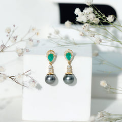 Genuine Black Pearl Wedding Earrings with Emerald and Diamond