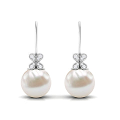 Natural Freshwater Pearl Drop Earrings with Flower Diamond