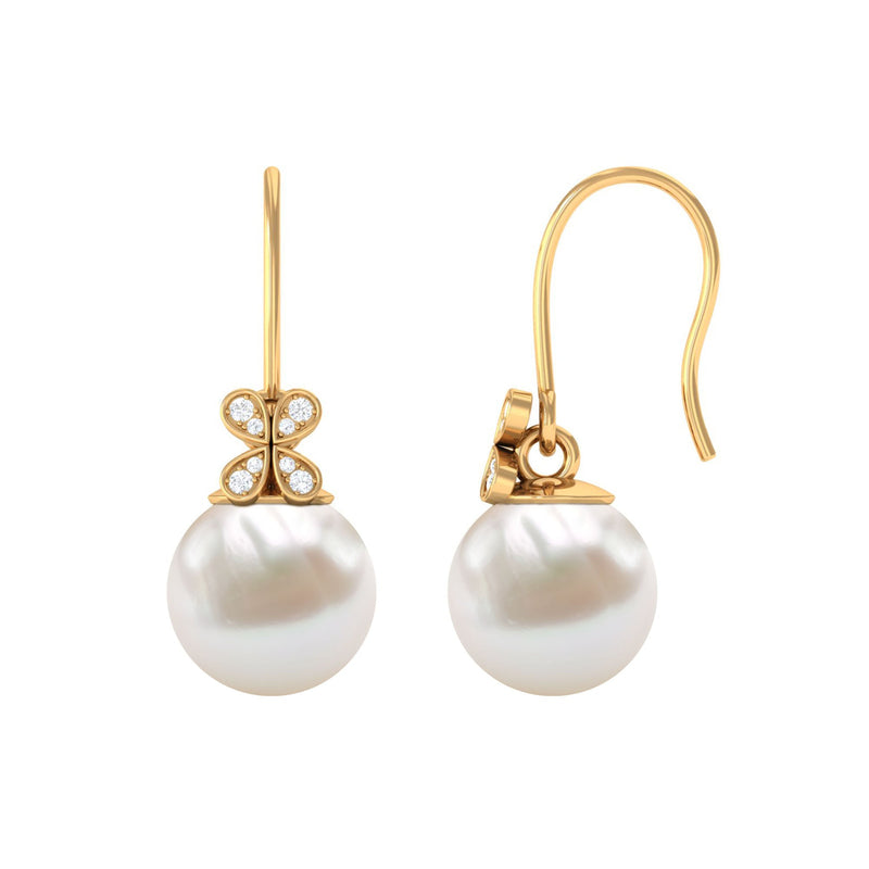 Natural Freshwater Pearl Drop Earrings with Flower Diamond