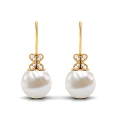 Natural Freshwater Pearl Drop Earrings with Flower Diamond