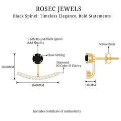 1 Carat Black Spinel Jacket Earrings with Diamond Stones